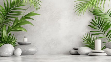 Serene spa scene with grey stones, candles, and palm leaves against a textured wall.