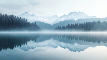 Fototapeta premium Serene Winter Landscape with Snowy Mountains Reflected in Calm Lake Surrounded by Dense Evergreen Forest Beneath a Soft Misty Sky