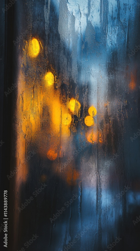 Poster Rain droplets create an abstract pattern on a window with glowing city lights in the background during a rainy evening
