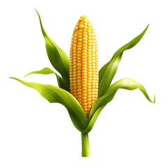 Fresh Corn Cob with Green Leaves Isolated on a White Background