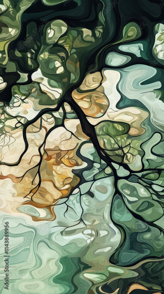 Poster Reflections of tree branches creating an abstract pattern on the water's surface during a calm day in nature