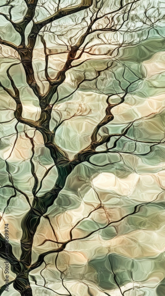 Poster Reflections of tree branches create an abstract composition against a soft background