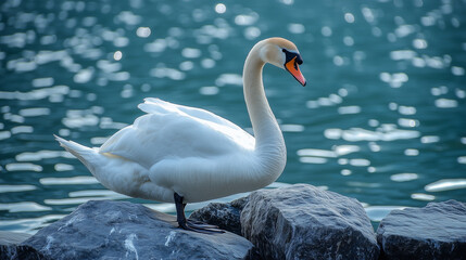 Obraz premium A majestic white swan stands gracefully on a rocky shore, overlooking a sparkling blue lake.