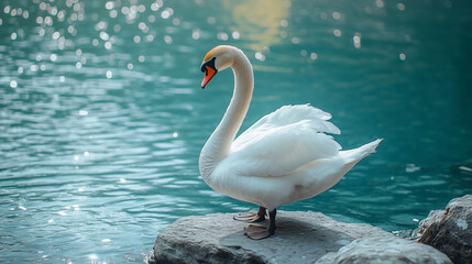 Naklejka premium A graceful white swan stands on a rocky shore, overlooking a serene lake with sparkling water.