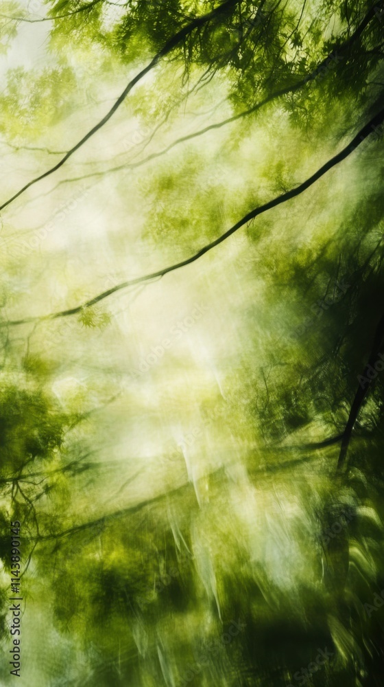 Poster abstract view of tree canopies illuminated by sunlight in a serene forest environment