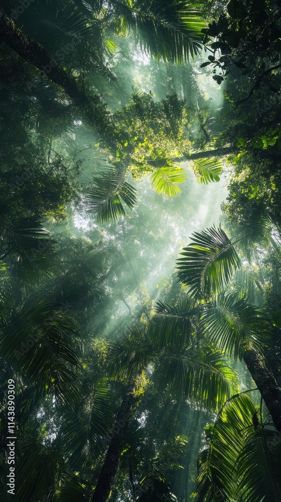 Poster captivating view of vibrant tree canopies illuminated by soft sunlight filtering through foliage