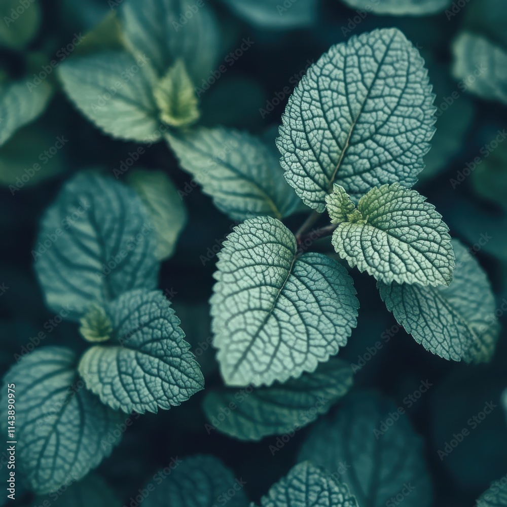 Poster exploring the intricate textures and vibrant shades of green leaves in a close-up view