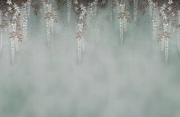 Design for walls. Photo wallpapers for the interior. A mural for design. Plants and flowers, vines descending from top to bottom. The background for the holiday. Floral ornament.