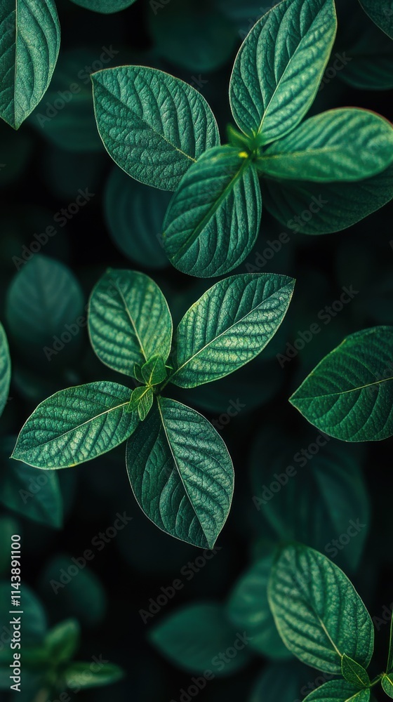 Poster close-up view of lush green leaves highlighting natural patterns and textures in a vibrant environme