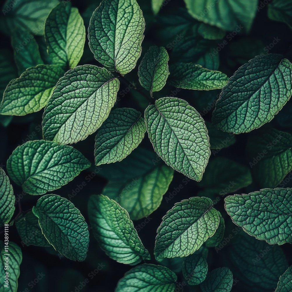 Poster close-up view of vibrant green leaves showcasing intricate textures and patterns in natural light