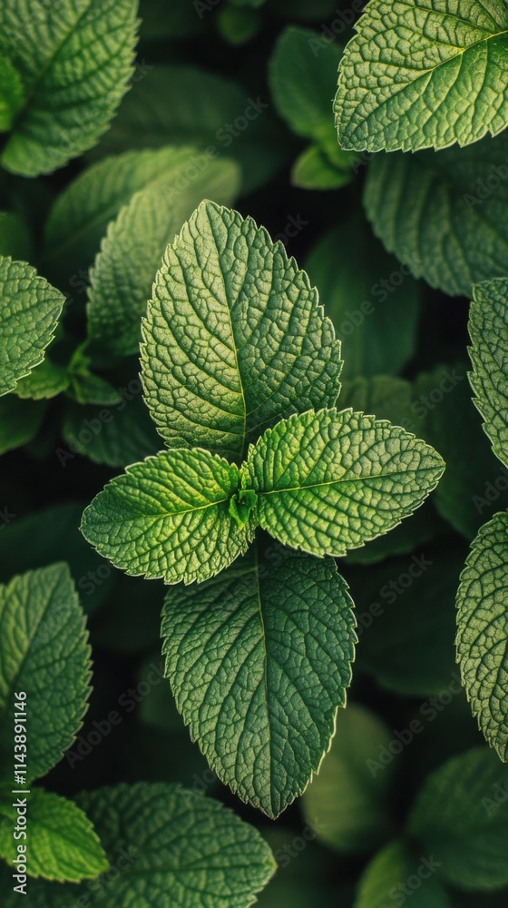 Poster Close-up view of vibrant green leaves showcasing intricate textures and patterns in a natural setting