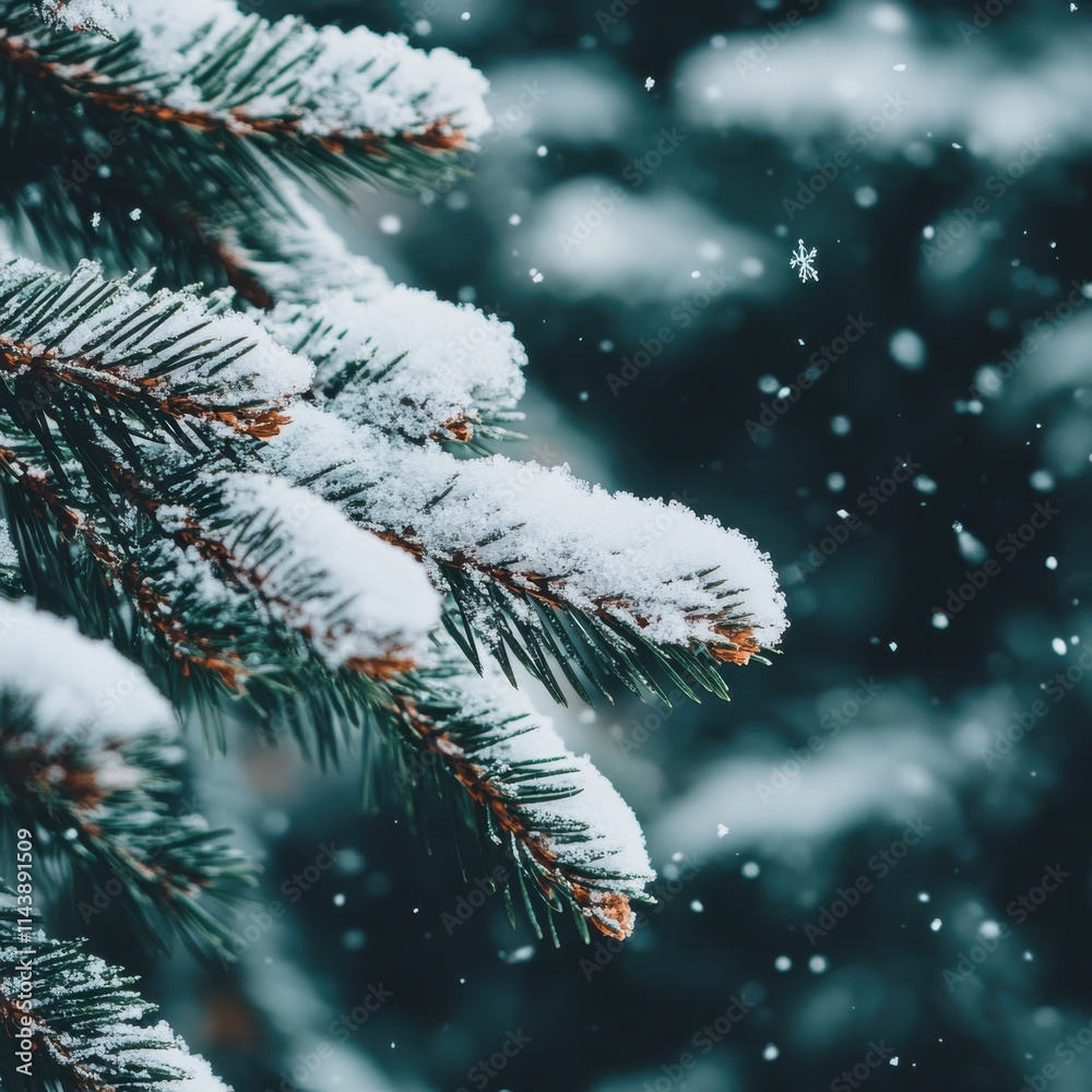 Aufkleber close-up of snow-covered pine needles during a winter snowfall in a tranquil forest setting