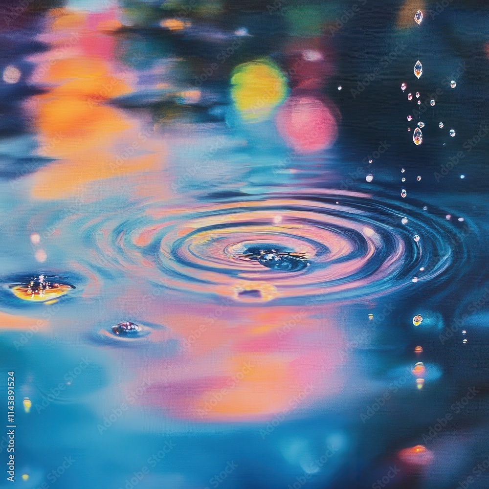 Poster close-up of rain droplets creating ripples on a colorful water surface at dusk