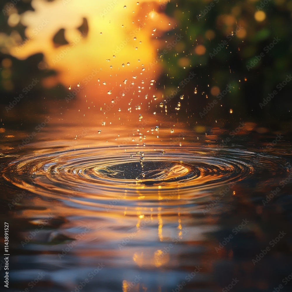 Aufkleber close-up view of raindrops creating ripples on the water surface during sunset in a tranquil outdoor