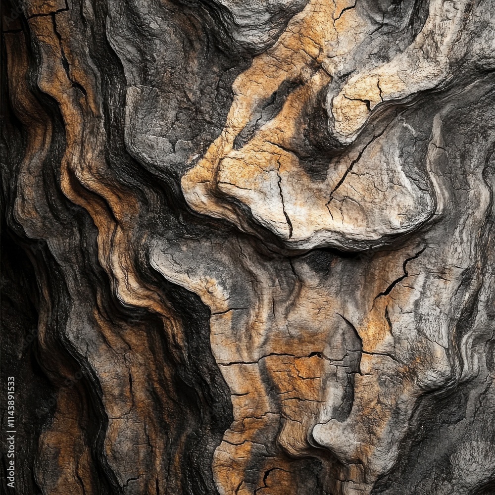 Poster detailed macrophotograph showcasing the intricate textures and patterns of rough tree bark in natura