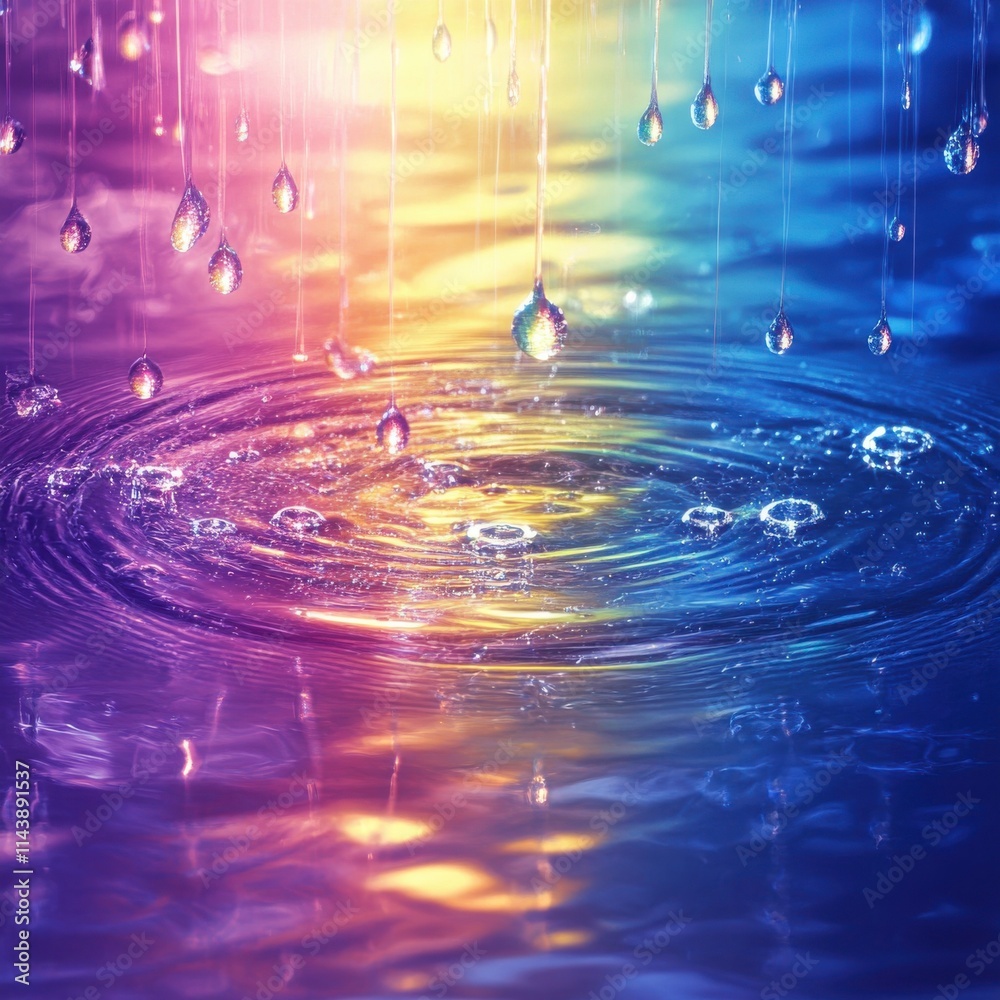 Poster close-up view of vibrant rain droplets creating ripples on a colorful water surface during a peacefu