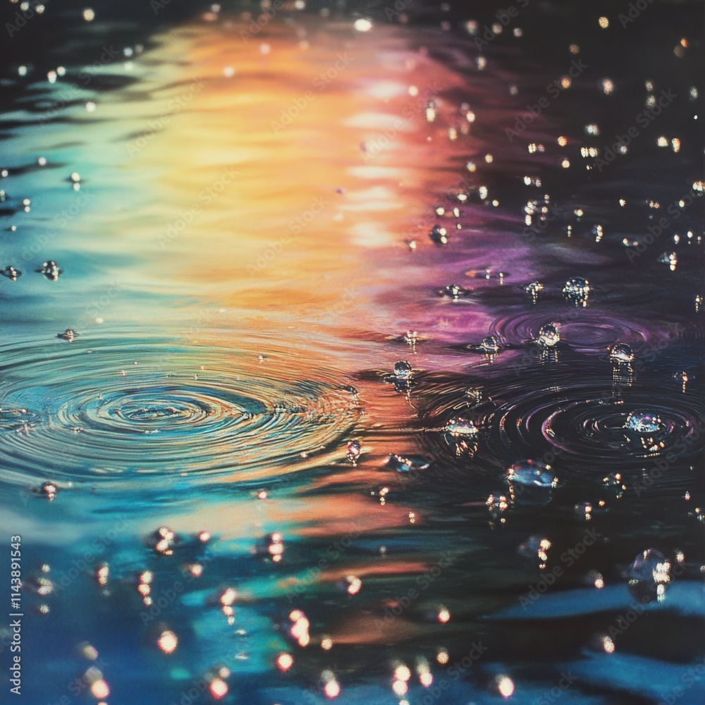 Poster Close-up of rain droplets creating ripples on the surface of water with colorful reflections