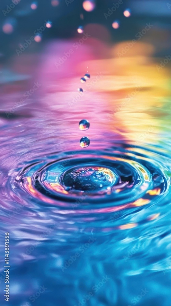 Poster close-up of rain droplets creating ripples on colorful water surface in a serene environment