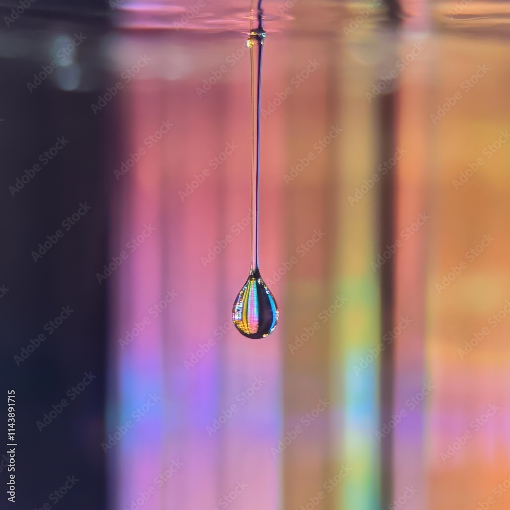 Poster close-up of a vibrant droplet suspended above a reflective surface creating a colorful display of li