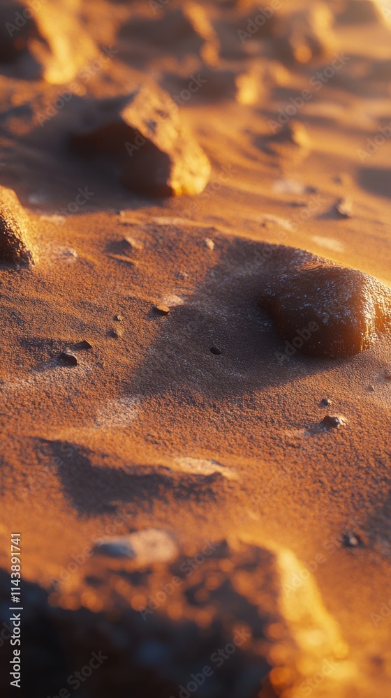 Poster Close-up view of intricate patterns on desert sand during golden hour with sunlit textures and granules