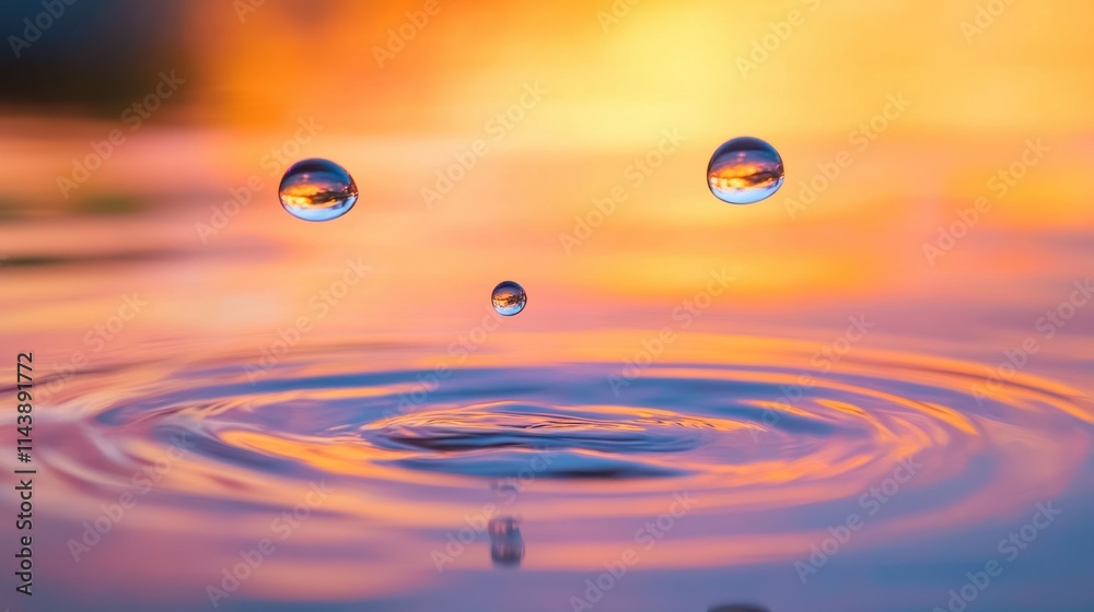 Poster water droplets suspended in mid-air against a vibrant sunset backdrop creating mesmerizing ripples o