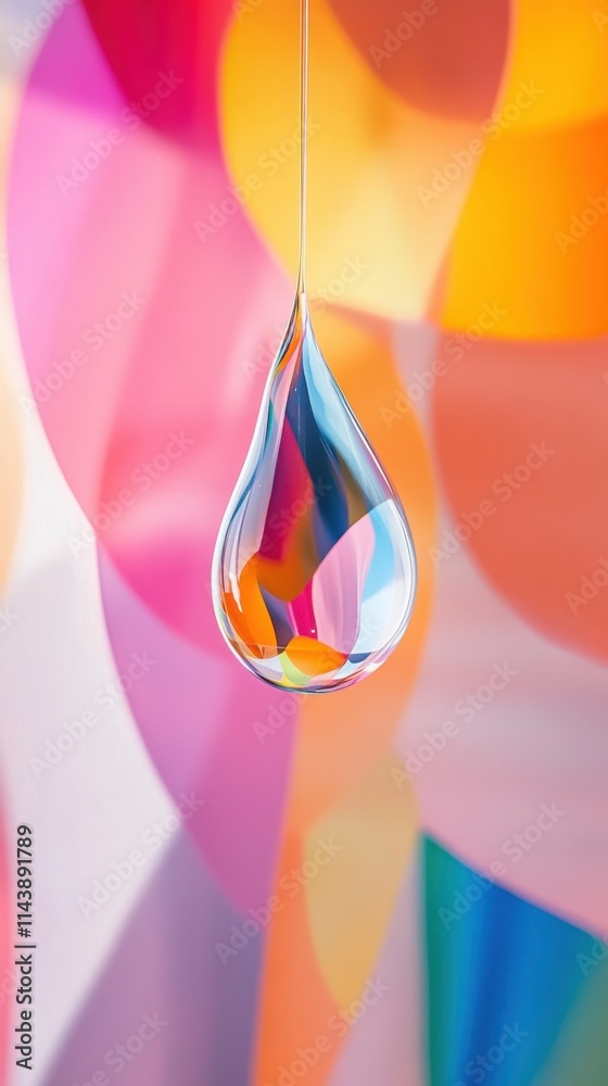 Aufkleber close-up view of a colorful droplet suspended against a vibrant background of abstract shapes in bri