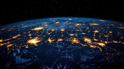Obraz premium Earth from space, illuminated by city lights at night.