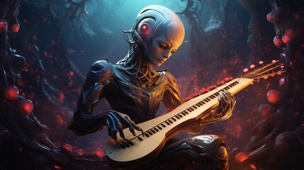 Obraz premium Captivating of a humanoid alien creature skillfully performing on an intricate otherworldly musical instrument beneath the glowing ethereal rings of a giant fantastical planet in a futuristic