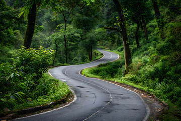 Obraz premium Serpentine Forest Path: A Scenic Mountain Road Winding Through Lush Greenery and Golden Sunlight