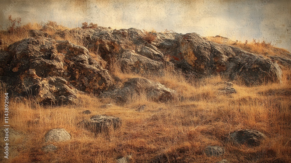 Poster rocky terrain featuring rugged formations and dry grass in a natural setting during daylight hours