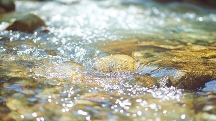 Tranquil River Water Flowing Over Smooth Stones in a Sunlit Forest, Capturing the Serenity of Nature and the Beauty of Water Reflection and Light