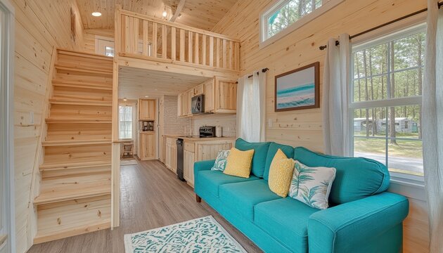 Charming Tiny Home Interior with Loft and Modern Amenities