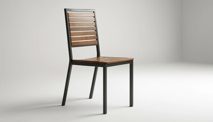 Obraz premium Modern Wooden Outdoor Dining Chair with Sleek Black Metal Frame