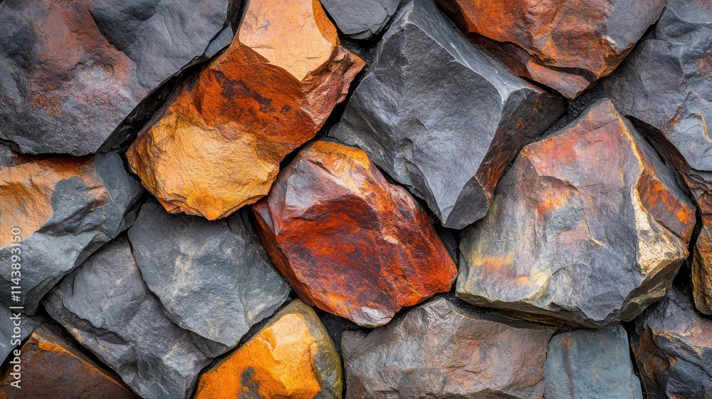 Poster textured close-up of volcanic rocks showcasing diverse colors and patterns found in natural formatio