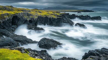 Obraz premium Dramatic Coastal Scene with Rugged Rocks and Turbulent Waves Under a Dark Cloudy Sky in a Remote Location, Perfect for Nature and Travel Themed Projects
