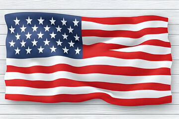 American Flag, Illustration of a Waving Stars and Stripes Banner Against White Wood