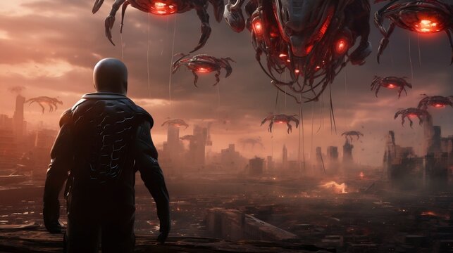A futuristic image depicting an alien figure with advanced cybernetic implants controlling a swarm of drones in an industrial urban landscape  The scene showcases the of technology automation