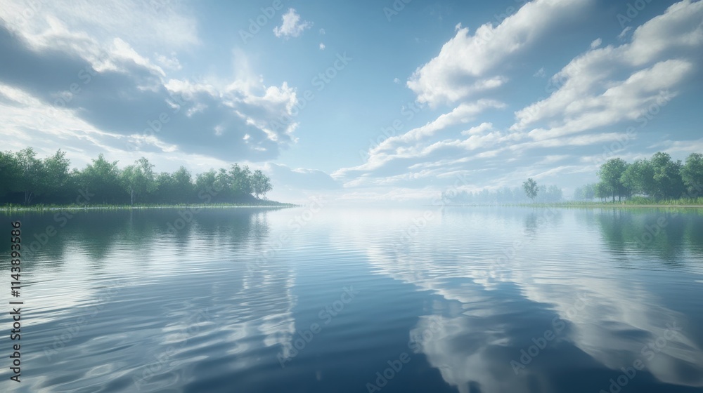 Poster Soft ripples create reflections on a tranquil water surface under a cloudy sky at dawn near a lush forested shoreline