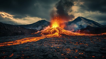 Erupting Volcano at Twilight: Fiery Lava Flow Illuminates Night Sky Against Dark Mountain Landscape, Capturing Nature's Raw Power and Beauty