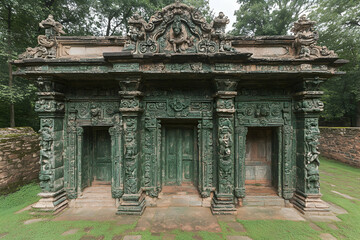 Ancient Stone Structure, Intricate Carvings Adorn a Verdant Gateway in Lush Setting