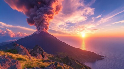 Fototapeta premium Majestic Volcanic Eruption at Sunset with Vibrant Clouds and Serene Ocean View, Capturing the Raw Power of Nature in a Breathtaking Landscape