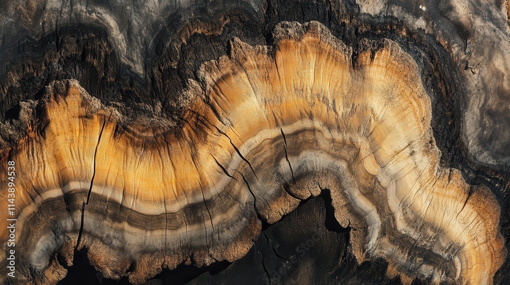 Poster cross-section of a tree trunk revealing intricate patterns and growth rings captured under natural l
