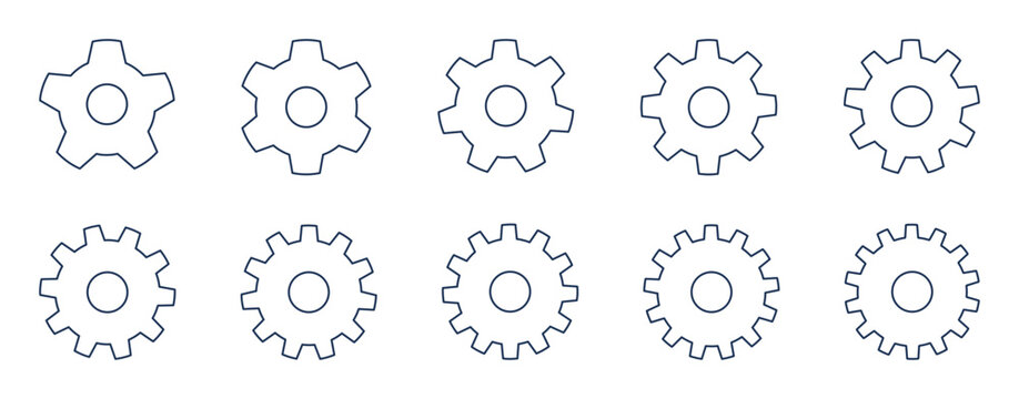 vector set of gear with hole, 5 teeth - 14 teeth (outline)