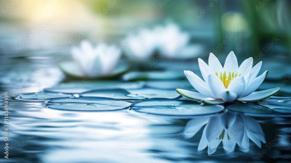 Poster tranquil pond with blooming lily pads reflecting sunlight in a serene nature setting