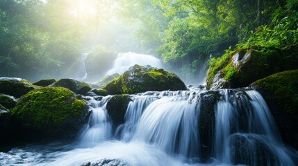 Cascading Waterfalls Flowing Through Lush Green Forest with Sunlight Filtering Through Trees and Creating Mystical Atmosphere in Nature
