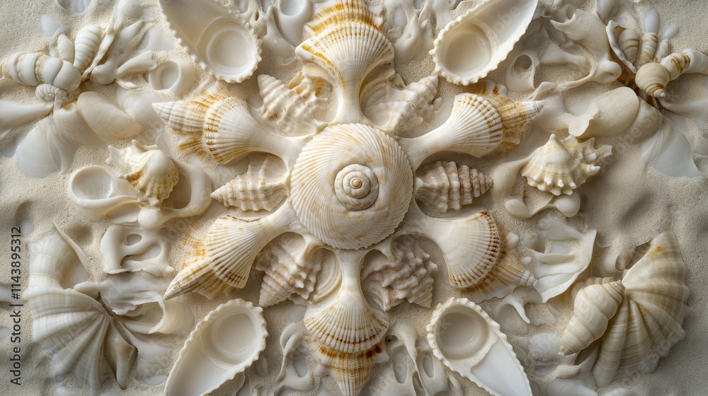 Aufkleber intricate geometric arrangement of seashells on a sandy surface showcasing natural patterns and text