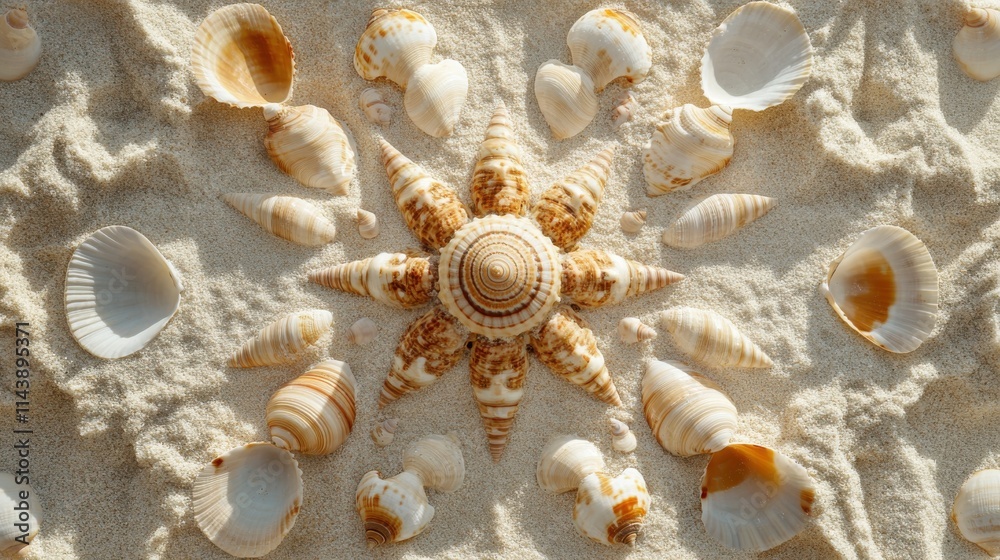 Poster geometric arrangement of seashells on sandy beach creating a natural art display