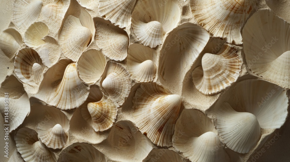 Poster Geometric arrangement of seashells on a neutral background showcasing intricate natural patterns