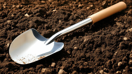 Gardening Tool, Shiny Metal Trowel on Dark Soil Background, Ready for Planting