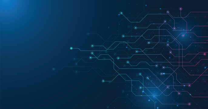 Circuit board blue technology background.Vector abstract technology illustration Circuit board on dark blue background.High tech circuit board connection system concept.	